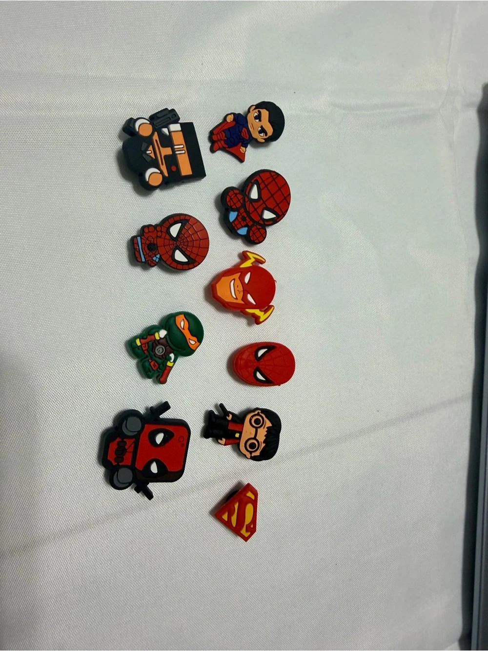 Lot of 10 Superhero Kids Shoe Charms - Red, Orange, Green, Black, Yellow